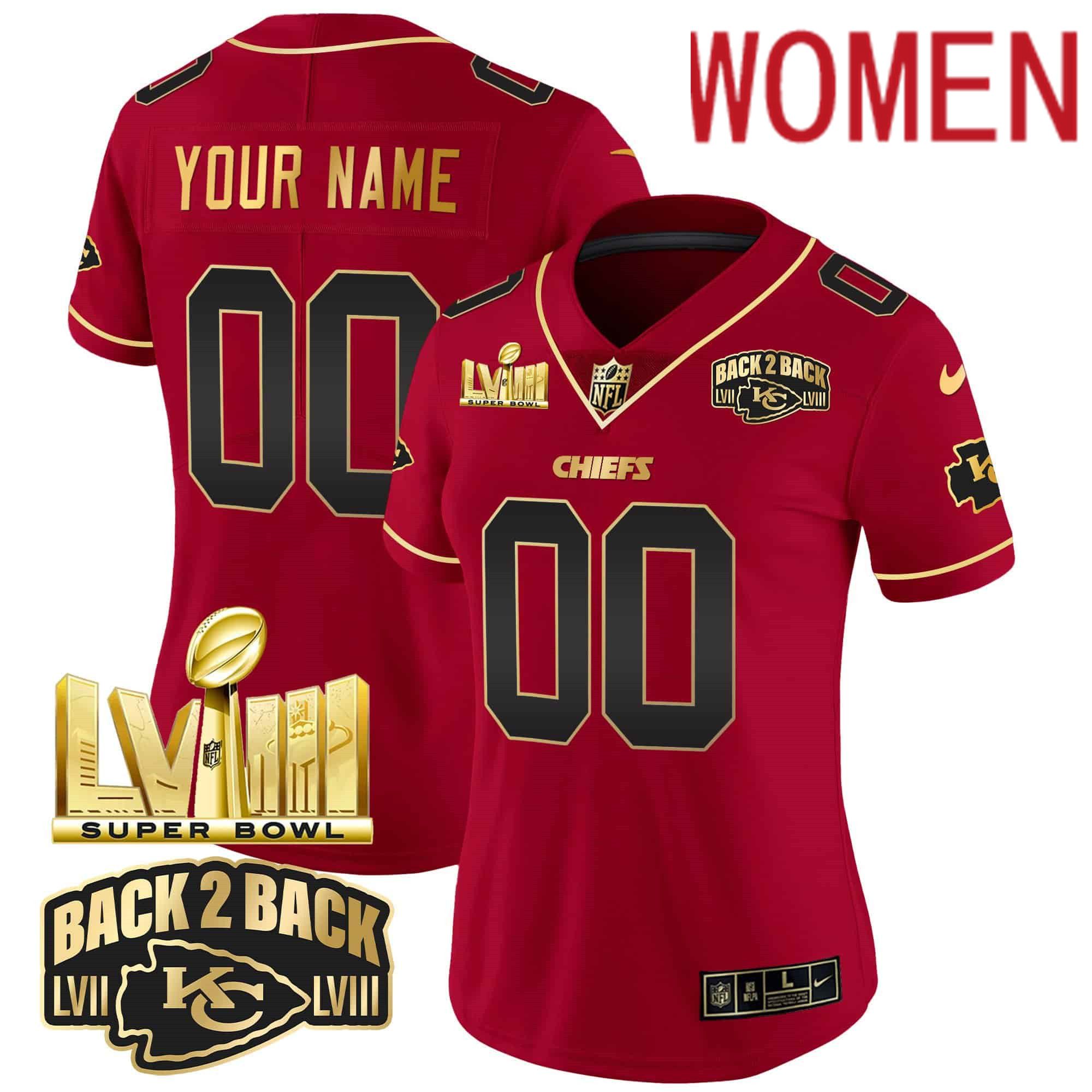 Women Kansas City Chiefs Red 2024 Nike Super Bowl LVIII & Back-2-Back Gold Patch Vapor Custom NFL Jersey style 2